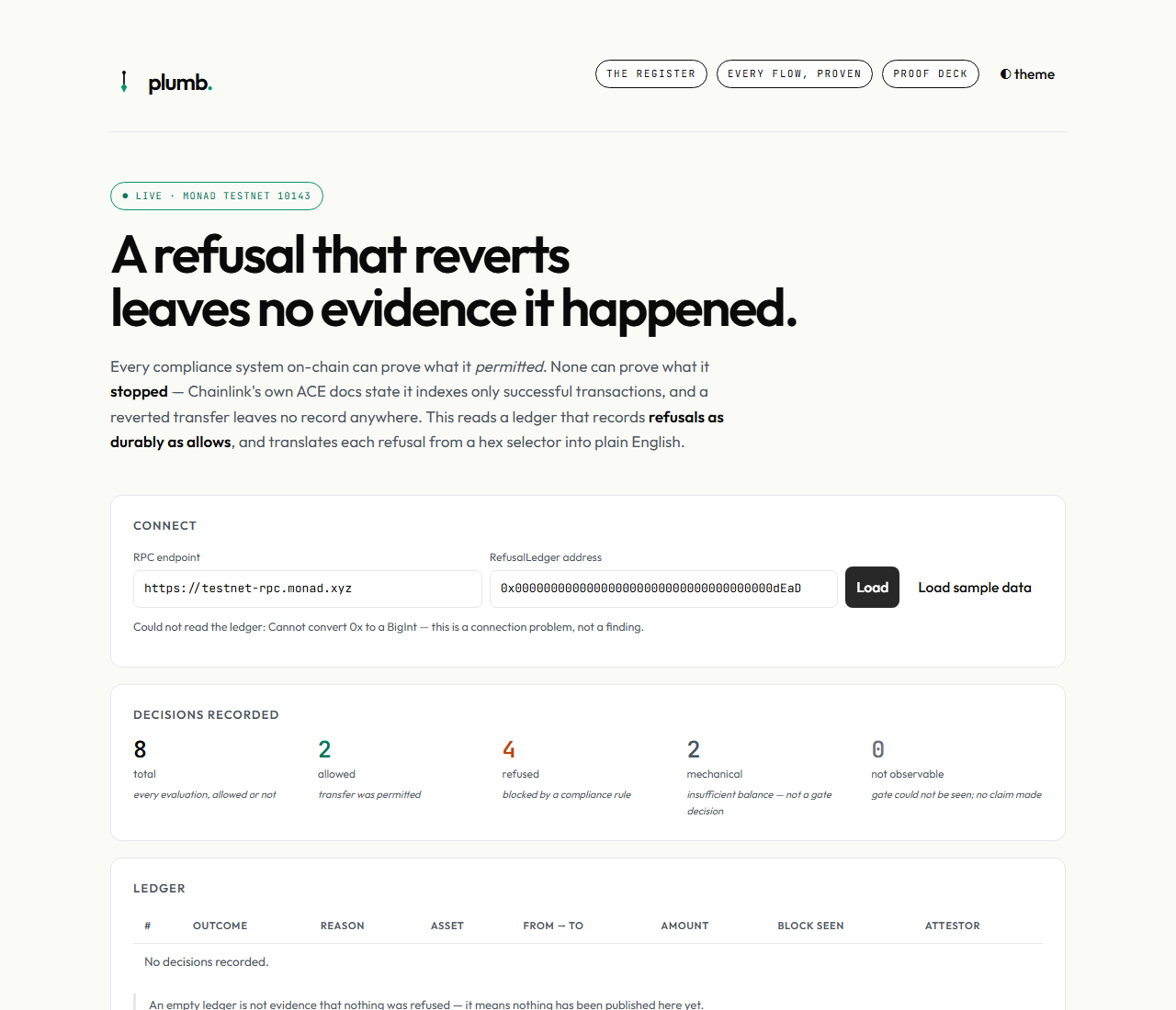 A wrong ledger address reports a read failure, not an empty ledger